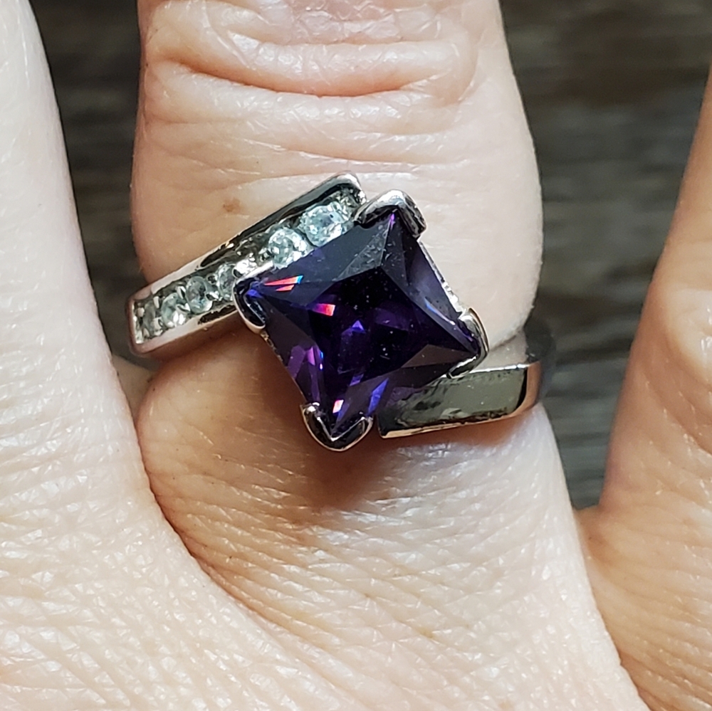 Costume Amethyst and Diamond Silver Ring